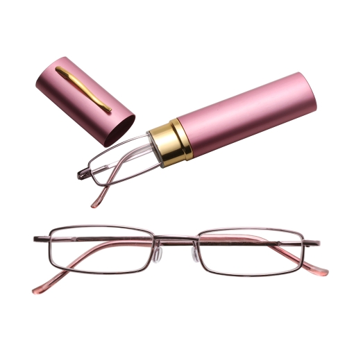 

Reading Glasses Metal Spring Foot Portable Presbyopic Glasses with Tube Case +2.00D(Pink)