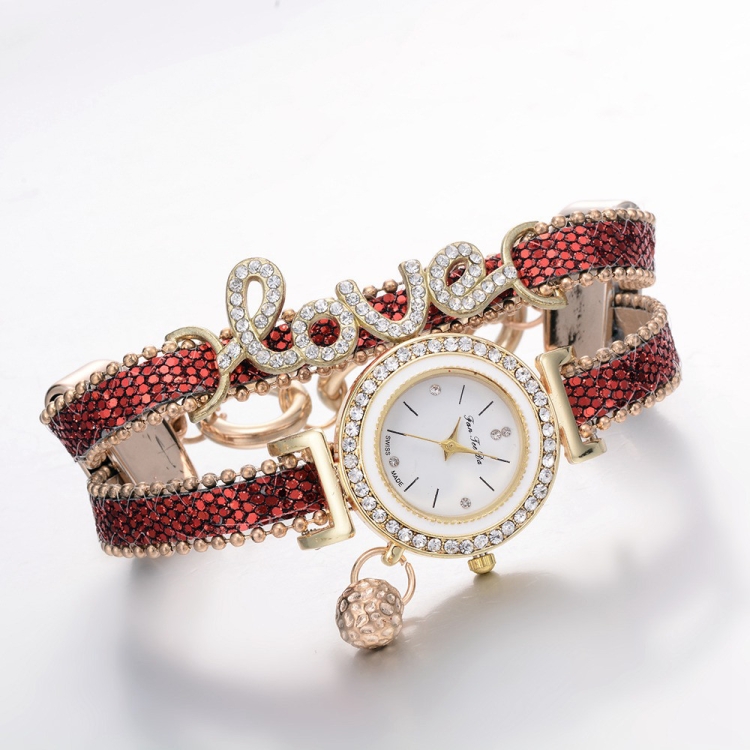 

Alloy Diamond Love Letter Bracelet Watch for Women(Red)