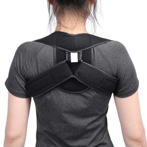 可調式上背部肩部支撐姿勢矯正器成人緊身胸衣脊椎背部腰帶矯正背部支撐，尺碼:L（黑色）