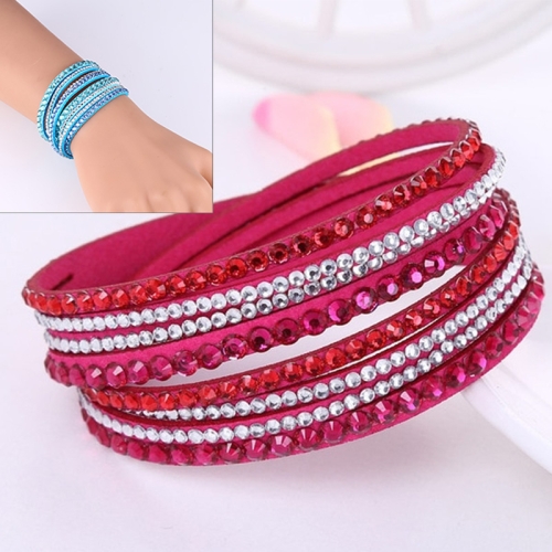 

Women Multilayer Leather Rhinestone Crystal Wrap Bracelets(Rose Red)