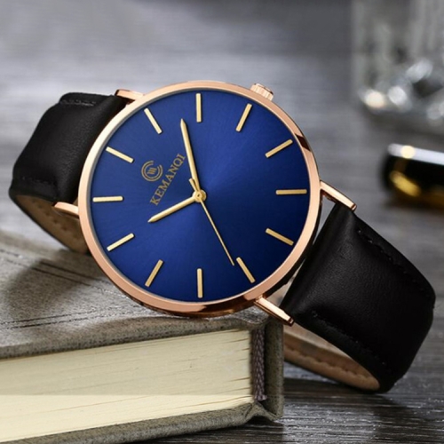 

KEMANQI Simple Ultra-thin Waterproof Steel Mesh Belt Quartz Watch for Men(Ultra-thin Rose gold shell blue dial black band)