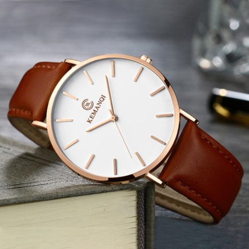 

KEMANQI Simple Ultra-thin Waterproof Steel Mesh Belt Quartz Watch for Men(Ultra-thin Rose gold shell white dial coffee band)