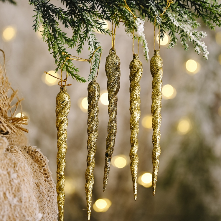 5pcs/bag Christmas Decorations Colorful Ice Bar Pendant Small Tree Threaded Ornament(Golden)