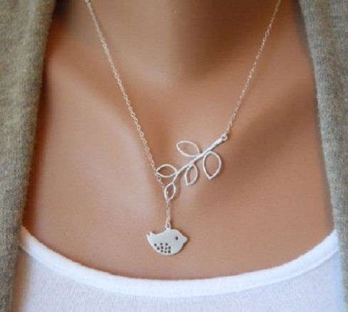 

Women Fashion Lovely Chic Long Silver Sweater Chain Pendant Necklaces(Leaf and bird)