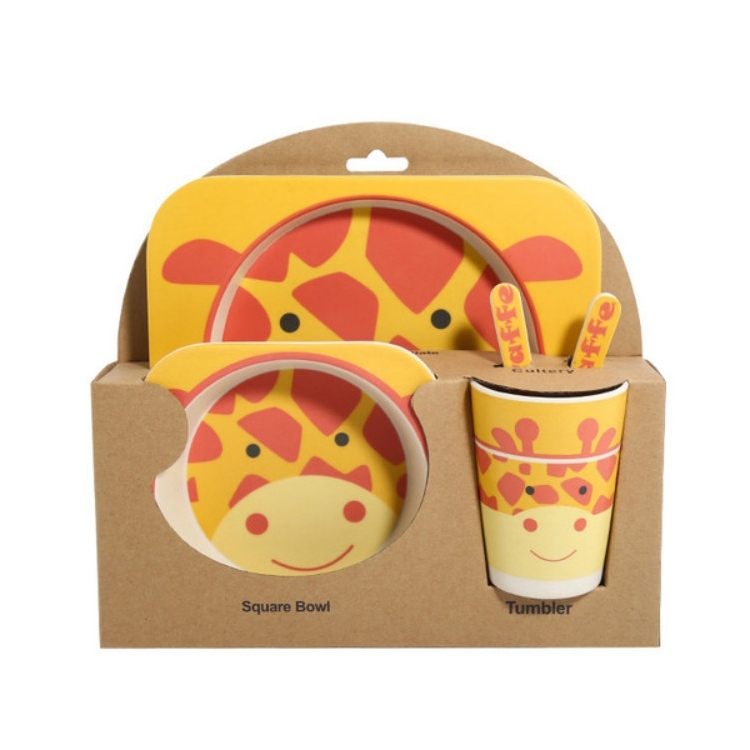 

Baby Dish Tableware Set Cartoon Fork Feeding Dishes for Kids Utensils Natural Bamboo Fiber Bowl With Cup Spoon Plate(Fawn)