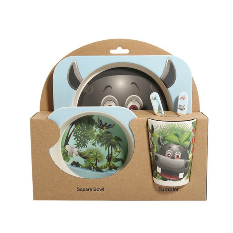 

Baby Dish Tableware Set Cartoon Fork Feeding Dishes for Kids Utensils Natural Bamboo Fiber Bowl With Cup Spoon Plate(Forest Kingdom)