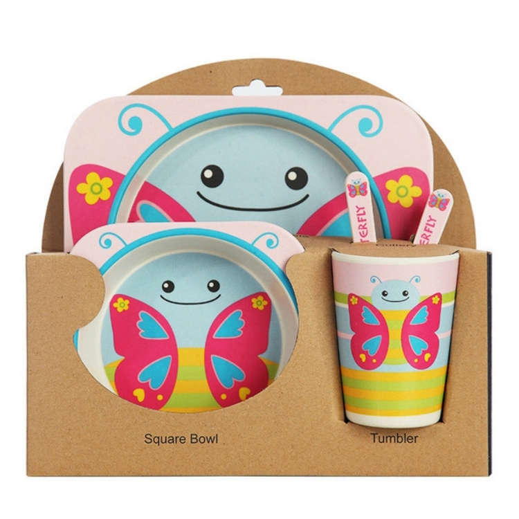 

Baby Dish Tableware Set Cartoon Fork Feeding Dishes for Kids Utensils Natural Bamboo Fiber Bowl With Cup Spoon Plate(Small Butterfly)