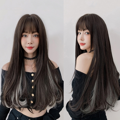 Wig Female Long Hair Hanging Ears Highlight Hair Full Headgear Bangs Long  Curly Hair(Black Tea