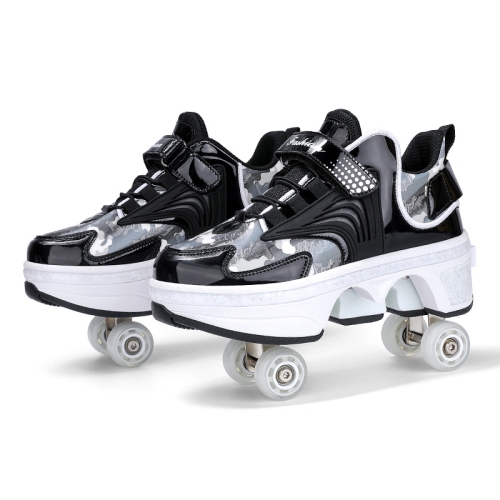 

DF03 Children Walking Shoes Four-wheel Retractable Roller Skates, Size:33(Leather Black)
