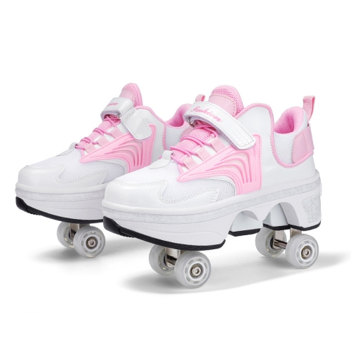 DF06 Walking Shoes Four-wheel Retractable Roller Skates, Size:34(Milky  White Black)