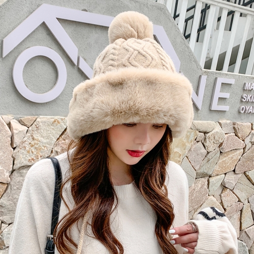 Autumn and Winter Ladies Cotton and Cashmere Skullcap Three Fur Balls Cute Plus Velvet Thickening  Pure Color Knitted Hat, Size: Free Size(Beige)