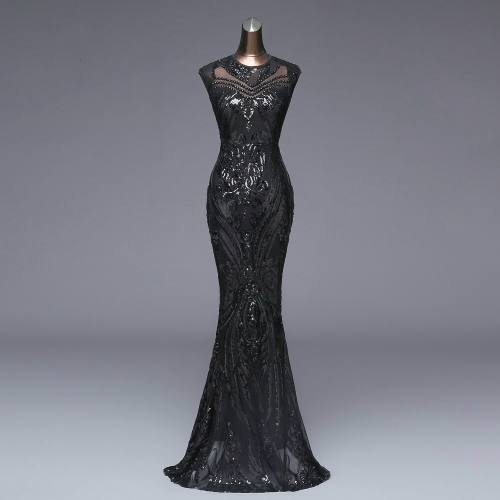 Elegante vestido largo de noche con lentejuelas, vestido largo, tamaño: L ( negro) Elegante vestido largo de noche con lentejuelas, vestido largo, tamaño: L ( negro)