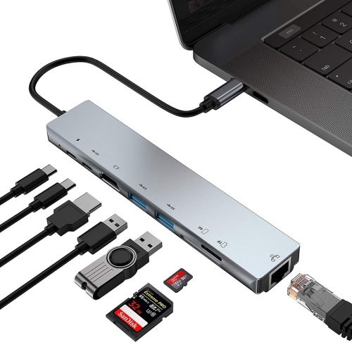 WC7367 8 in 1 87W Type-C to PD+USB3.0/USB2.0+SD+TF+HDMI+RJ45+Type-c Docking Station HUB