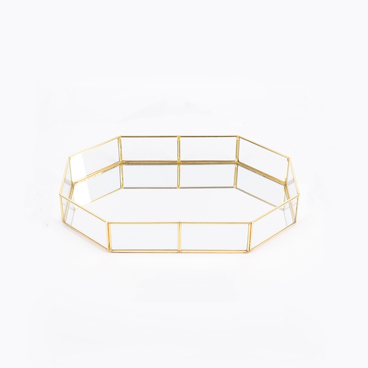 Gold Mirror Glass Jewelry Tray - Polygon Design Vanity Tray For Makeup & Organizer (Size S, 7.9x5.6")