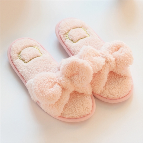 Furry Home Slippers Short Plush Indoor Home Slippers Owknot Slippers Women, Size: 38-39 (Light Pink)
