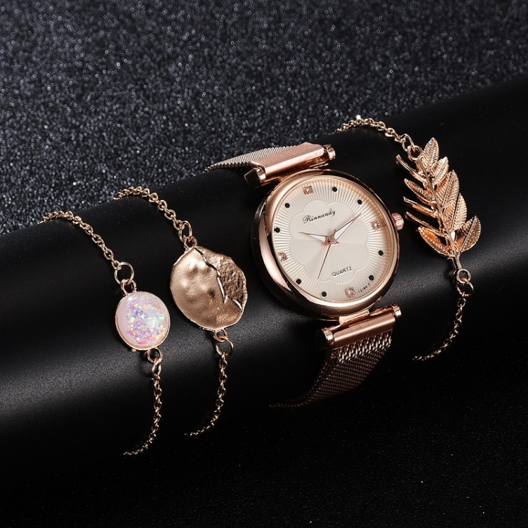 

Ladies Magnet Buckle Watch Casual Flower Dial Watch Alloy Mesh Quartz Watch(Gold White+No.2 Bracelet)