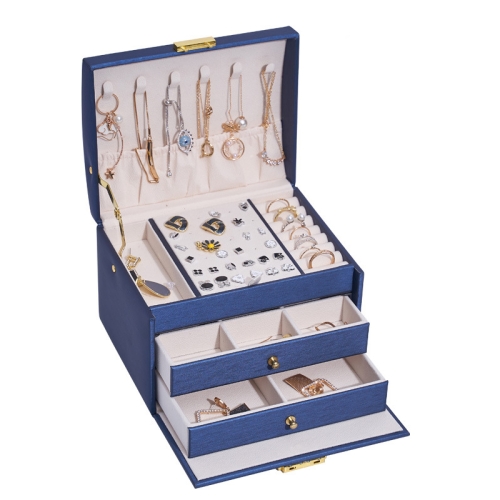 

Three-Layer Leather Drawer Type Jewelry Storage Box Earrings Box With Lock(Navy Blue)