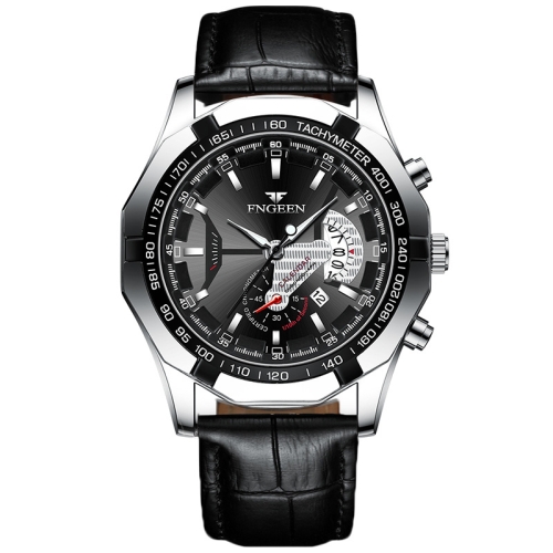 

FNGEEN S001 Men Waterproof Watch Calendar Watch(Black Leather White Steel Black Surface)