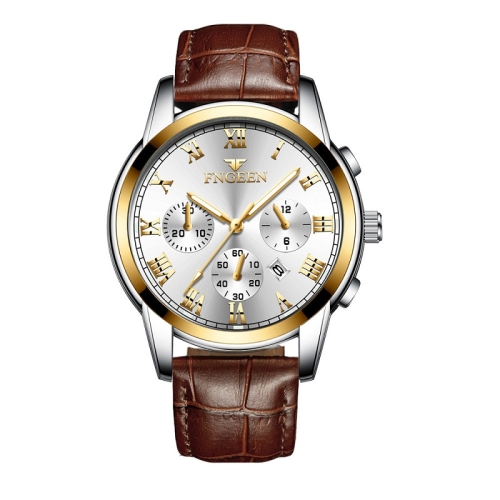 

FNGEEN 4006 Men Automatic Mechanical Watch Waterproof Quartz Watch(Brown Leather Gold White Surface)