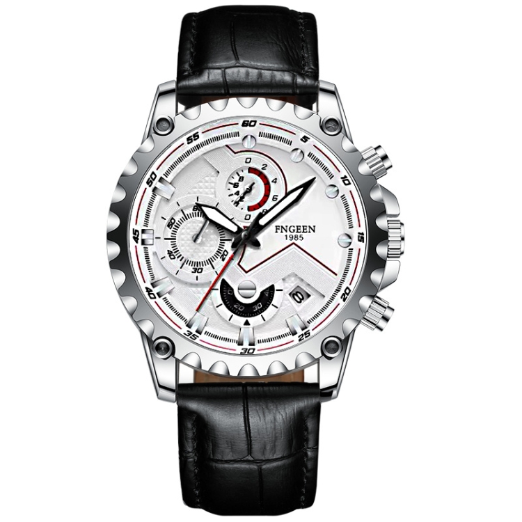 

FNGEEN 5055 Men Waterproof Sports Fashion Stainless Steel Watch(Black Leather White Steel White Surface)