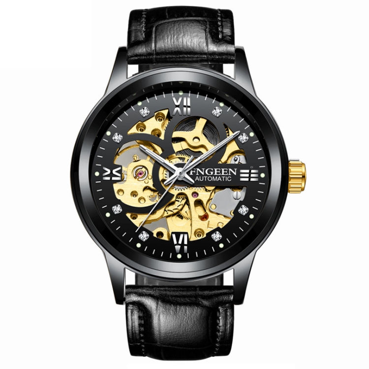 

FNGEEN 6018 Men Automatic Mechanical Watch Waterproof Luminous Diamond Double-Sided Hollow Watch(Black Leather Black Shell Black Surface)