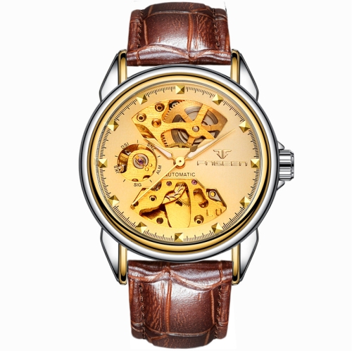 

FNGEEN 8818 Men Automatic Mechanical Watch Double-Sided Hollow Watch(Leather Between Gold Golden Surface)