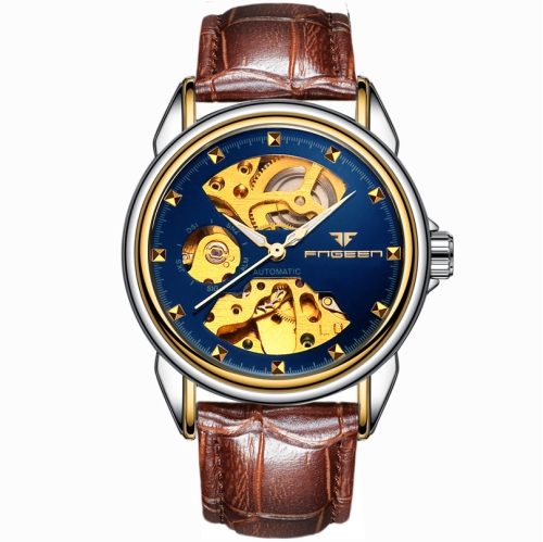 

FNGEEN 8818 Men Automatic Mechanical Watch Double-Sided Hollow Watch(Leather Between Gold Blue Surface)