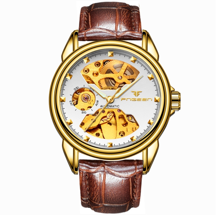 

FNGEEN 8818 Men Automatic Mechanical Watch Double-Sided Hollow Watch(Leather Gold And White Surface)