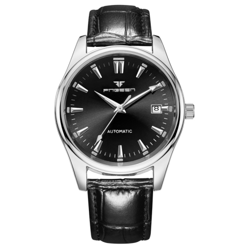 FNGEEN 2111 Men Simple Luminous Calendar Quartz Watch(Black Leather White Shell Black Surface)