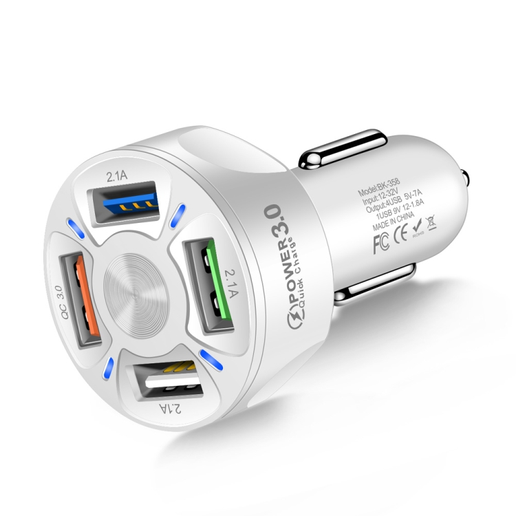 

2 PCS BK-358 3A QC3.0 4USB Car Charger One For Four Mobile Phone Car Charger(White)