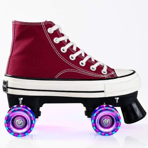 Zapatos de patines de ruedas Flash Zapatos de patines de ruedas de lona de cuatro  ruedas para niños adultos Zapatos de patines de ruedas de doble fila,  Tamaño: 35 (Borgoña + Bolsa especial)