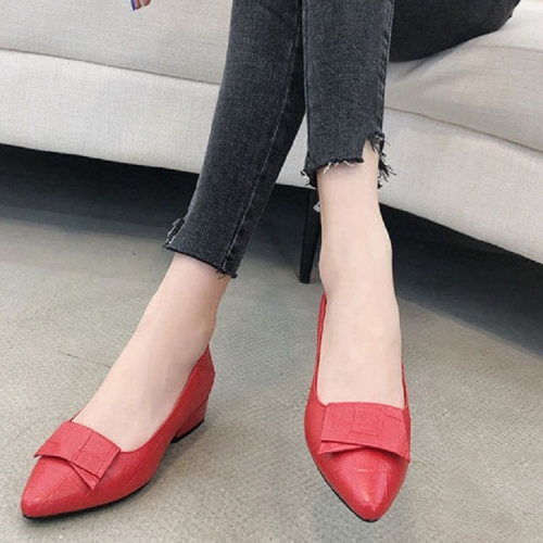 

Spring And Summer Cowhide Shoes With Thick Heel Mid-Heel For Women, Size: 39(Red)