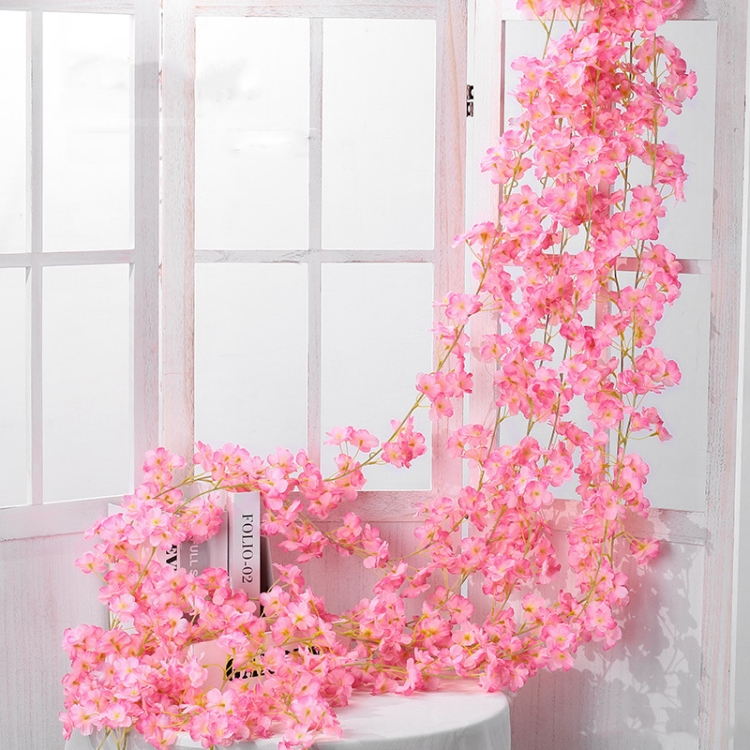 Simulation Sakura Rattan Plastic Decorative Flower Vine, Colour: 135 Flowers  Deep Pink