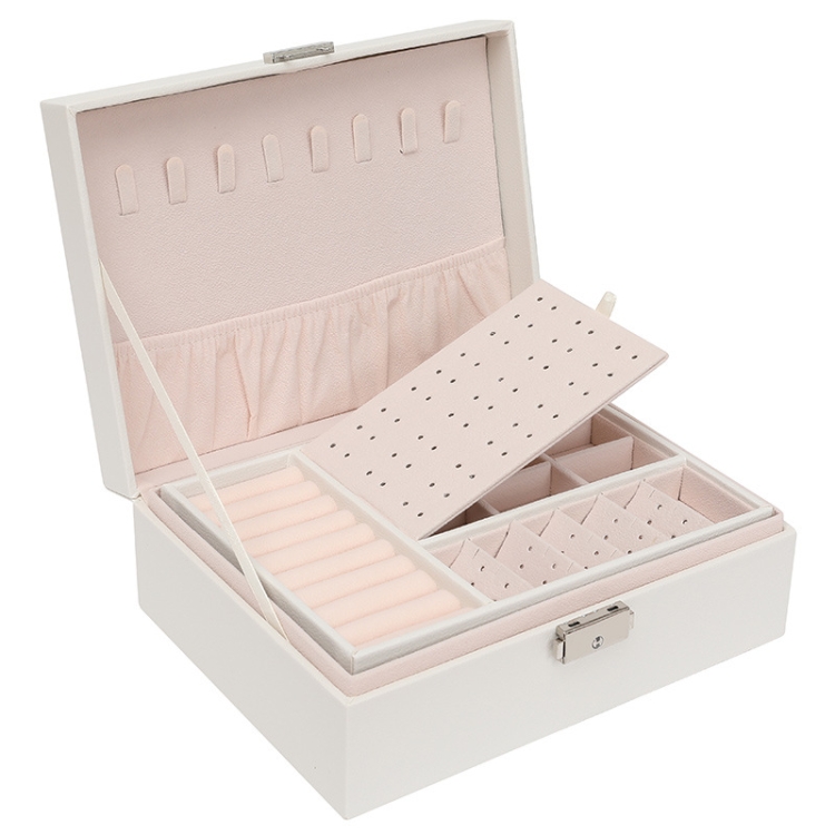 

Simple Double-Layered Wooden Leather Jewelry Box With Lock Earrings Jewelry Box(White)
