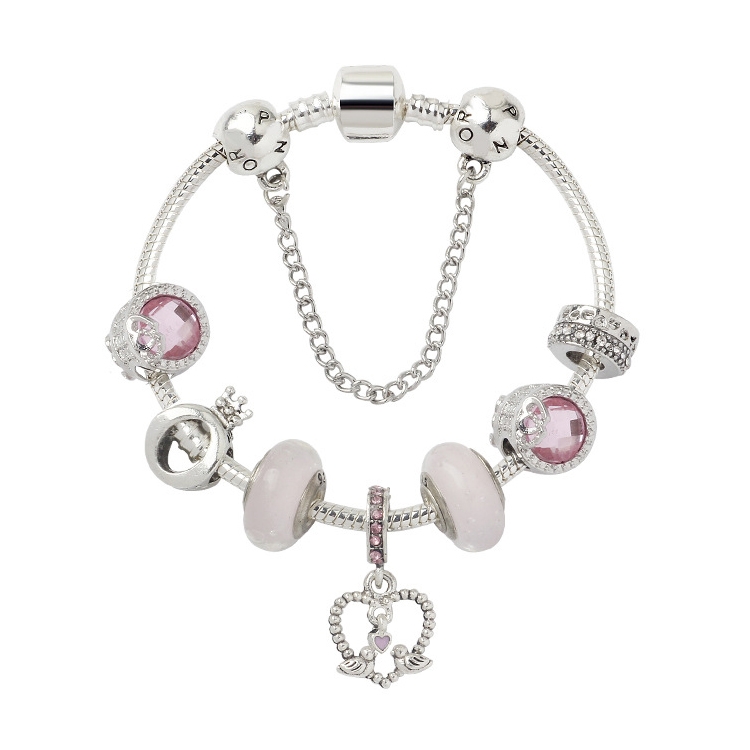 

SL85 Colored Glaze Large Hole Bead Bracelet Alloy Pink Series Love Bird Pendant Bracelet,Size: 17cm