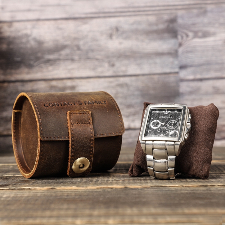 

Contacts Family CF1125 Single Watch Position Crazy Horse Leather Watch Box Round Watch Storage Box(Coffee)