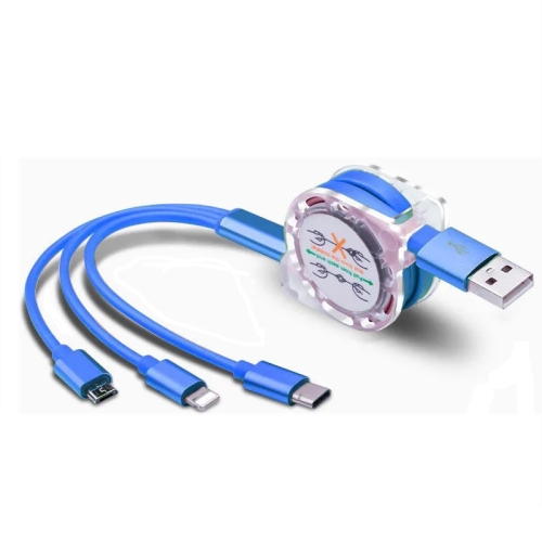 

2 PCS ZZ034 USB To 8 Pin + USB-C / Type-C + Micro USB 3 In 1 Fast Charging Cable, Style: Retractable-Blue