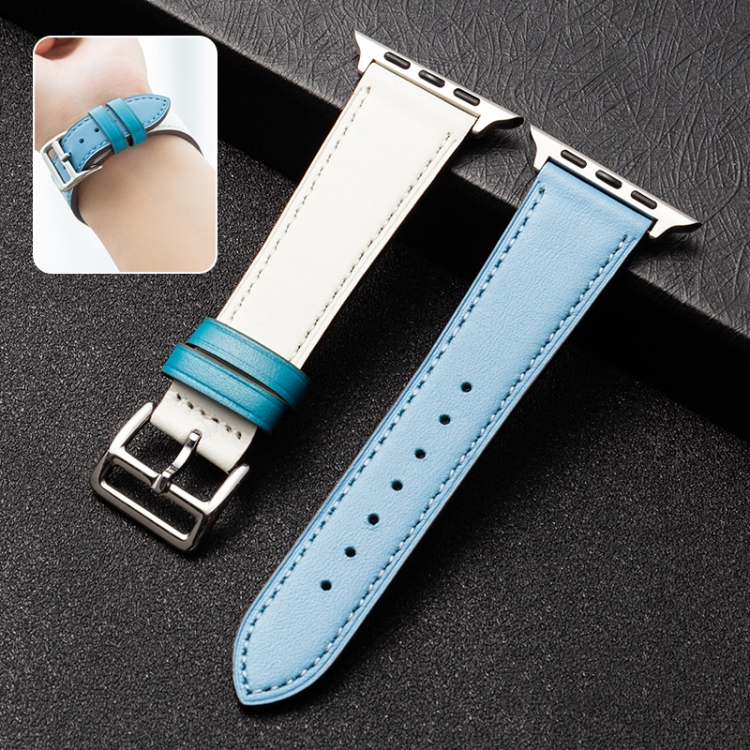 

Cowhide Leather Strap Watch Band For Apple Watch Ultra 49mm / Series 8&7 45mm / SE 2&6&SE&5&4 44mm / 3&2&1 42mm(Light Blue White)