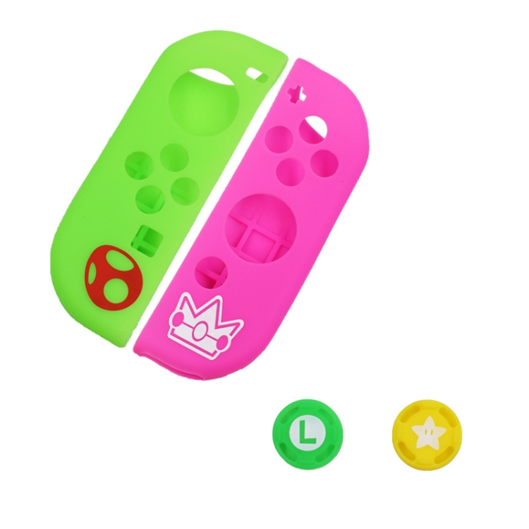 

2 Sets Patterned Silicone Case With Handle Button Cap For Nintendo Switch(Pink Green)