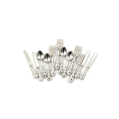 

12 PCS / Set Simulation Kitchen Food Furniture Toys Dollhouse Miniature Accessories 1:12 Fork Knife Soup Spoon Tableware(Silver)