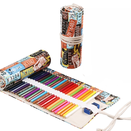 

72 Holes Handmade Canvas Pen Curtain Large-Capacity Pencil Case For Boys And Girls Color Pencil Sketch Stationery Box(License Plate)