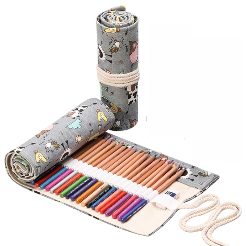 

72 Holes Handmade Canvas Pen Curtain Large-Capacity Pencil Case For Boys And Girls Color Pencil Sketch Stationery Box(Gray Cow)