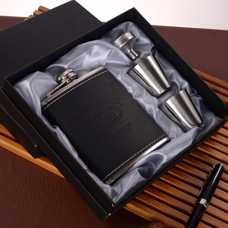 Portable Stainless Steel Hip Flask Set With Wine Glass Funnel, Style: 7OZ  Black Leather Jack Gray
