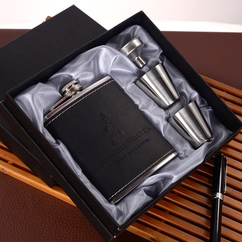 

Portable Stainless Steel Hip Flask Set With Wine Glass Funnel, Style: 7OZ Black Leather Old Man Gray