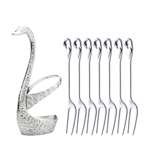 

Swan Fruit Fork And Spoon Set Dessert Fork Fruit Fork Rack Tableware Wedding Gift, Colour: Silver Stripe With 6 Fork