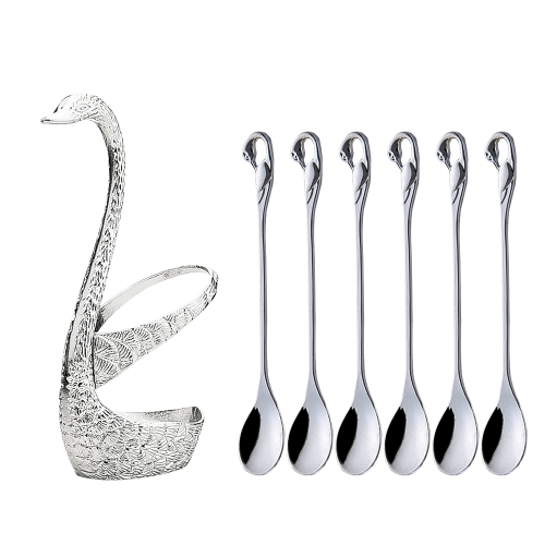 

Swan Fruit Fork And Spoon Set Dessert Fork Fruit Fork Rack Tableware Wedding Gift, Colour: Silver Stripe With 6 Spoons