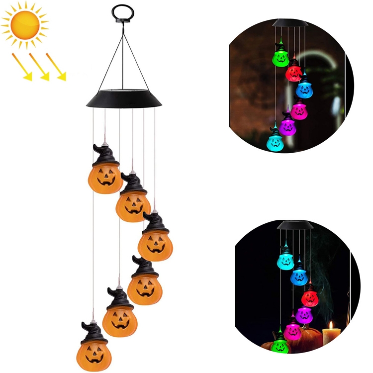 6 LED Solar Wind Chime Lamp Halloween Garden Decoration Pumpkin Lamp  Holiday Gift(Black Shell)