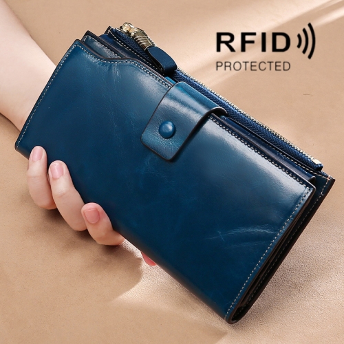 

TP-192 First Layer Of Cowhide Long Type Oil Wax Leather Ladies Clutch Retro Wallet RFID Anti-Theft Ladies Wallet(Royal Blue)