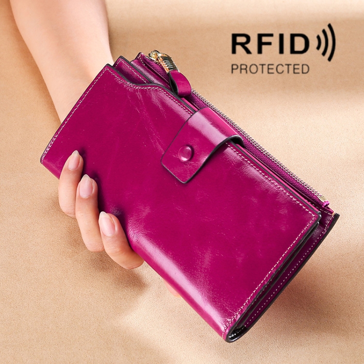 

TP-192 First Layer Of Cowhide Long Type Oil Wax Leather Ladies Clutch Retro Wallet RFID Anti-Theft Ladies Wallet(Purple )