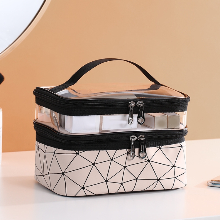 

Transparent Diamond Double-Layer Cosmetic Bag Portable Travel Storage Multi-Function Bag(Beige)